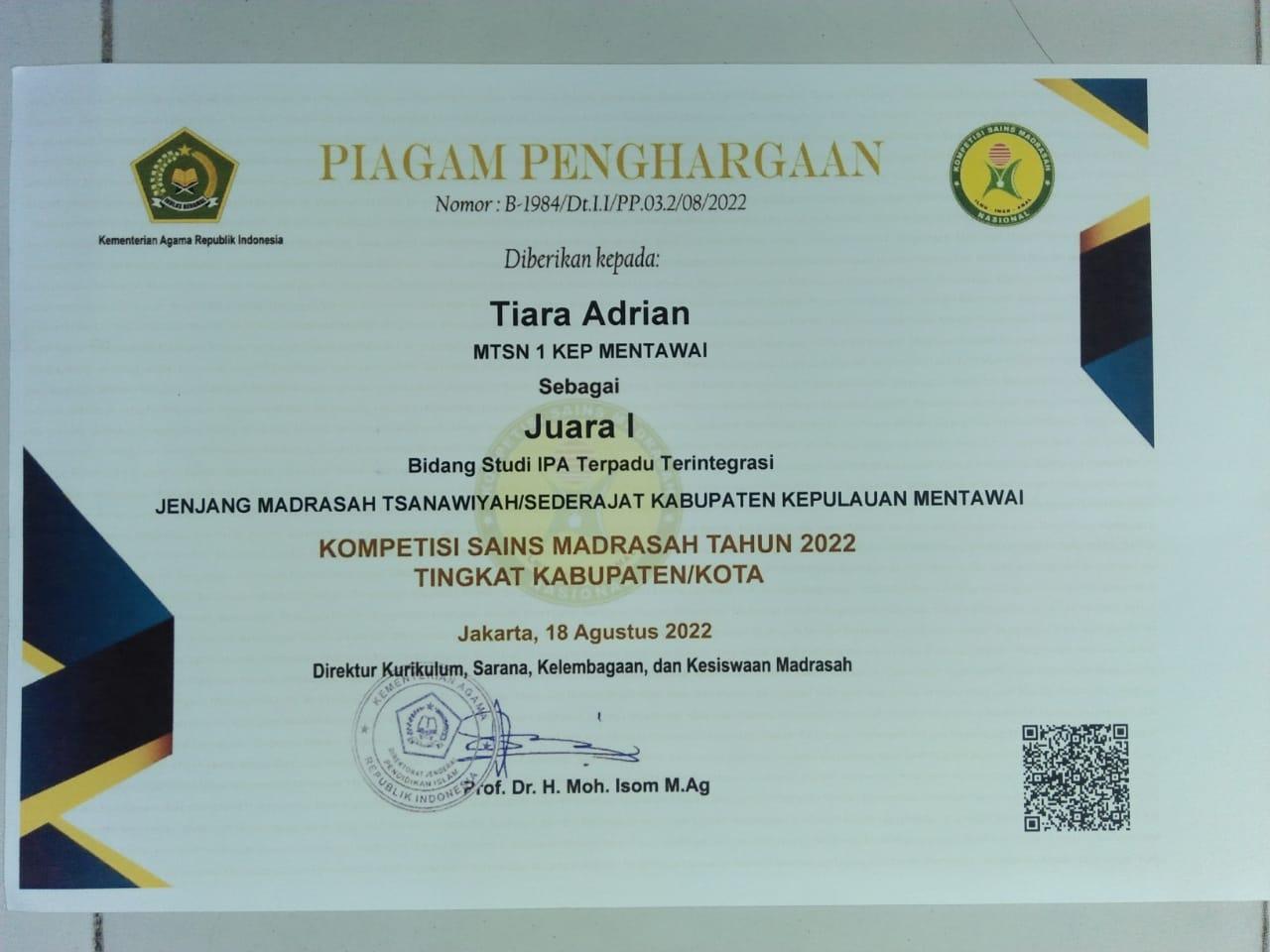 Juara 1 KSM Bidang Studi IPA